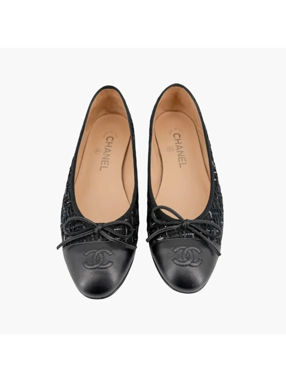 Chanel CC Cap Toe Logo Tweed Ballet Flats Black Leather Size 37 US 6-6.5 Women's - Picture 3 of 15